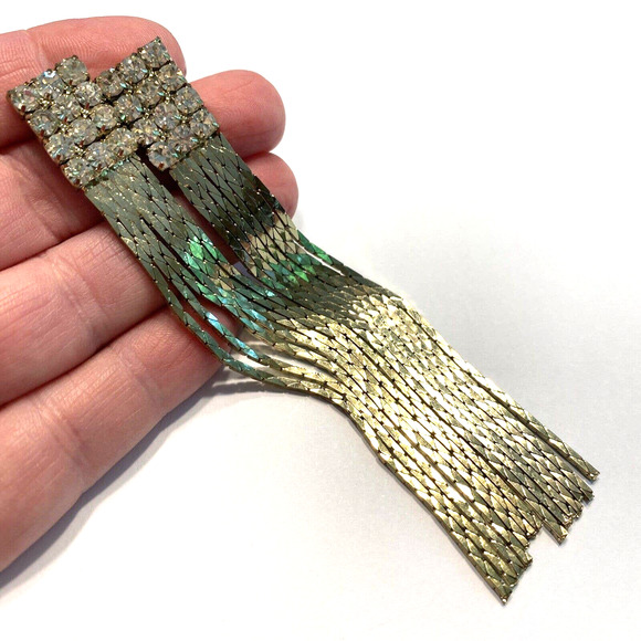 Dramatic Dressy Pierced Earrings Y2K Gold Chain White Rhinestone Runway Dangles - Picture 8 of 8